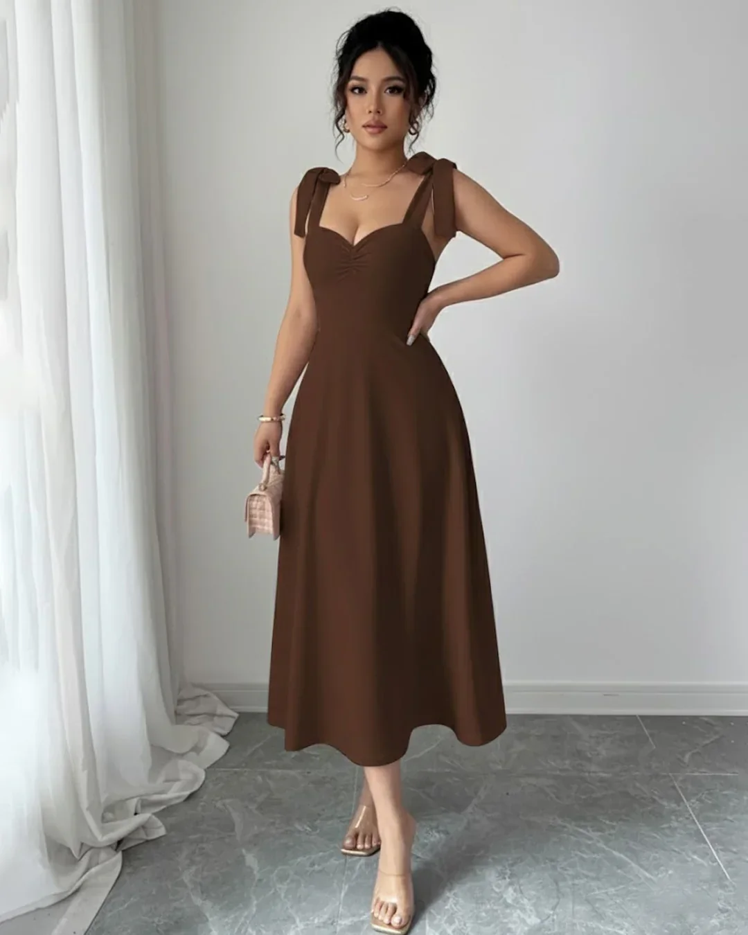 Dark Brown Sweetheart Tie-Strap Midi Dress - Image 3