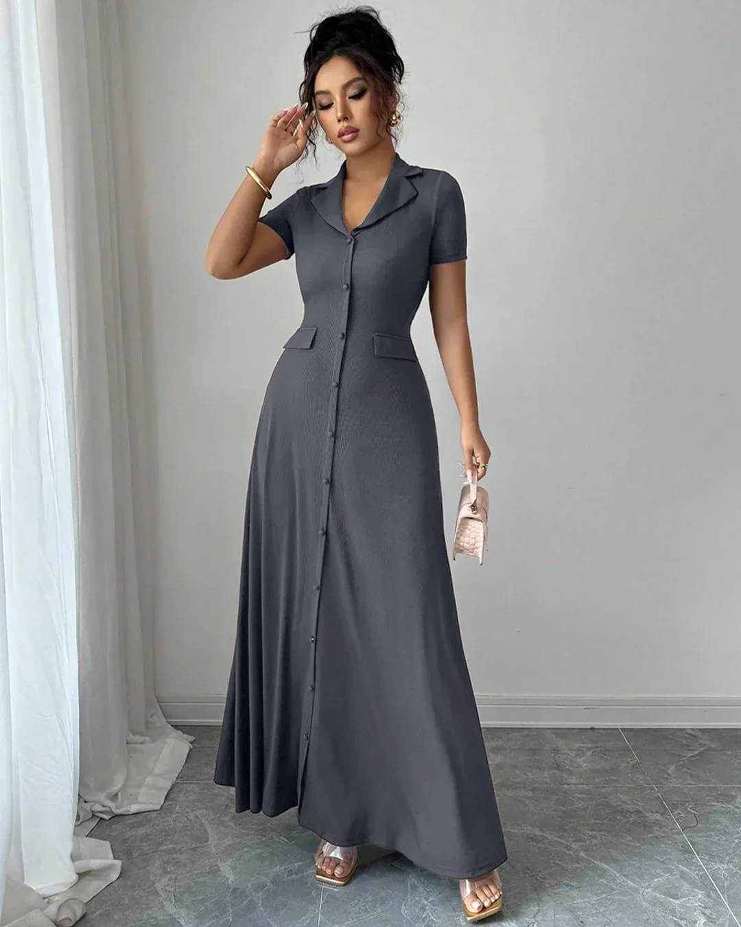 Dark Grey Collared Button-Down Short Sleeve Fit and Flare Maxi Dress - Image 2