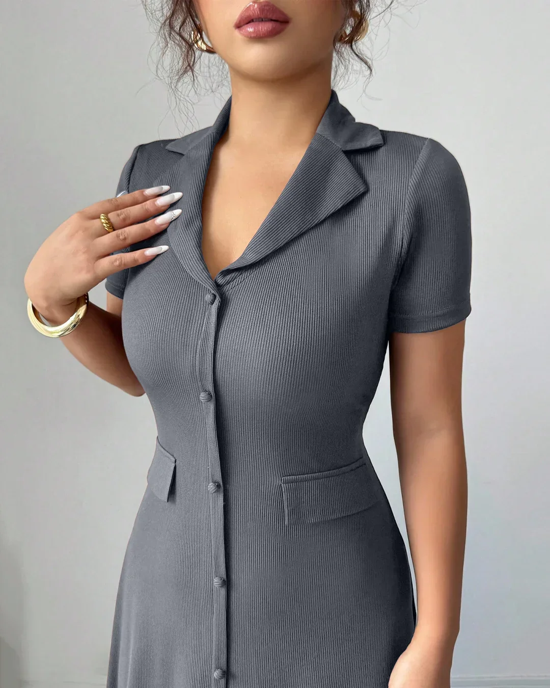 Dark Grey Collared Button-Down Short Sleeve Fit and Flare Maxi Dress - Image 3