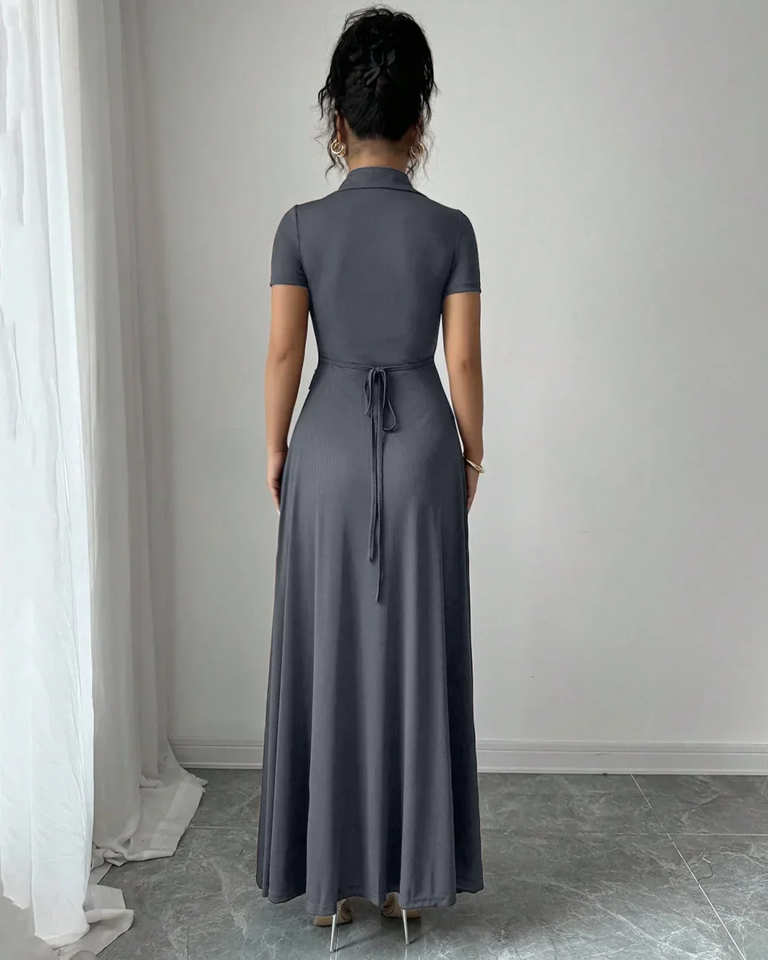 Dark Grey Collared Button-Down Short Sleeve Fit and Flare Maxi Dress - Image 4