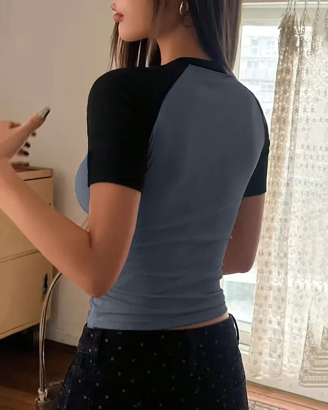 Dark Grey Round Neck Short Sleeve Fitted Top - Image 2