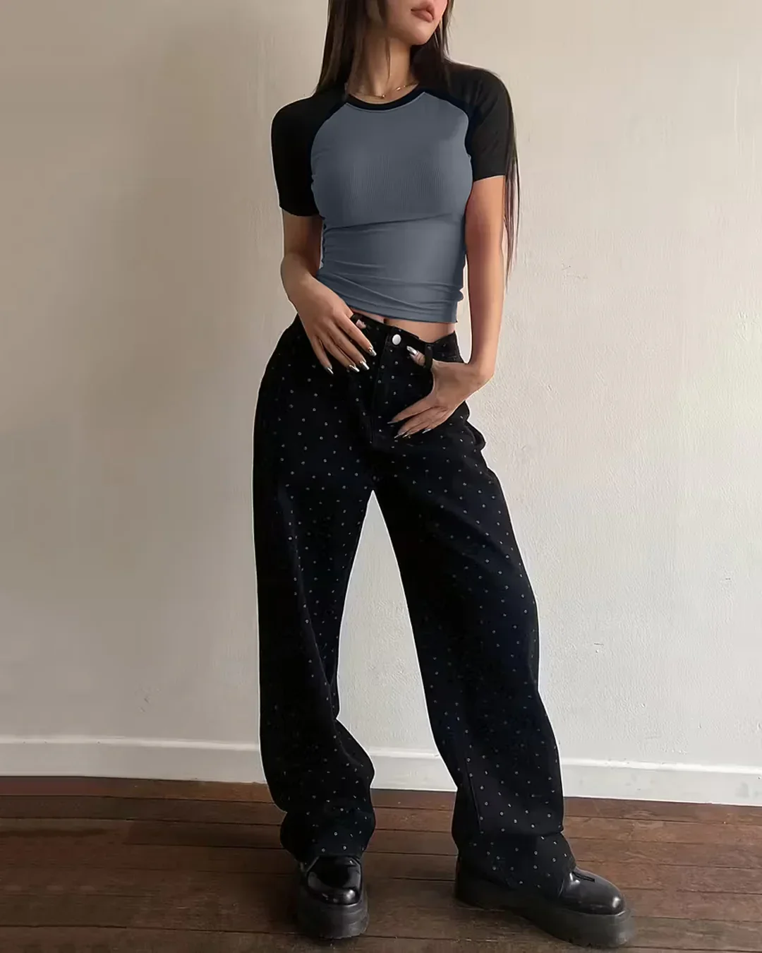 Dark Grey Round Neck Short Sleeve Fitted Top - Image 3