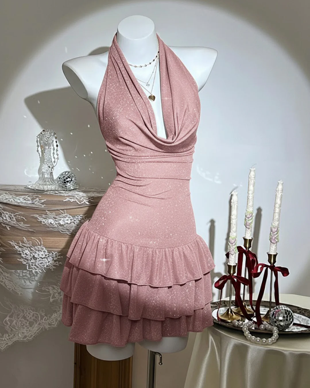 Deep Draped Neck Ruffle Hem Backless Mini Dress in Dusty Pink - Image 2