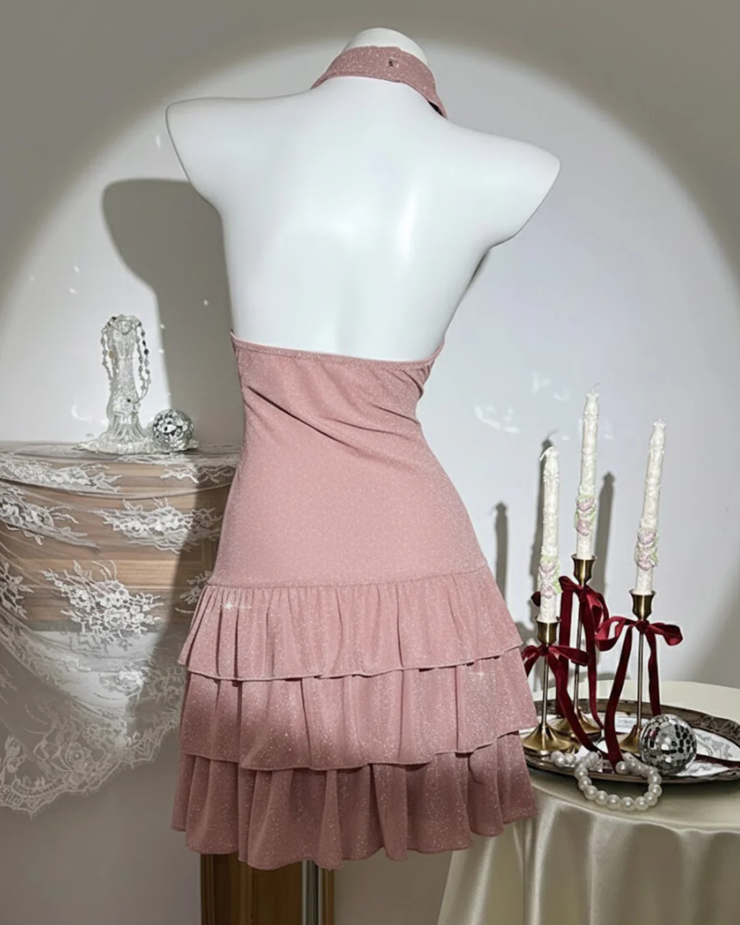 Deep Draped Neck Ruffle Hem Backless Mini Dress in Dusty Pink - Image 3