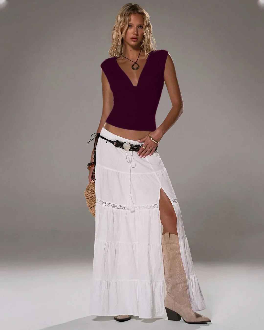 Deep V-Neck Ruched Sleeveless Crop Top in Maroon - Image 3