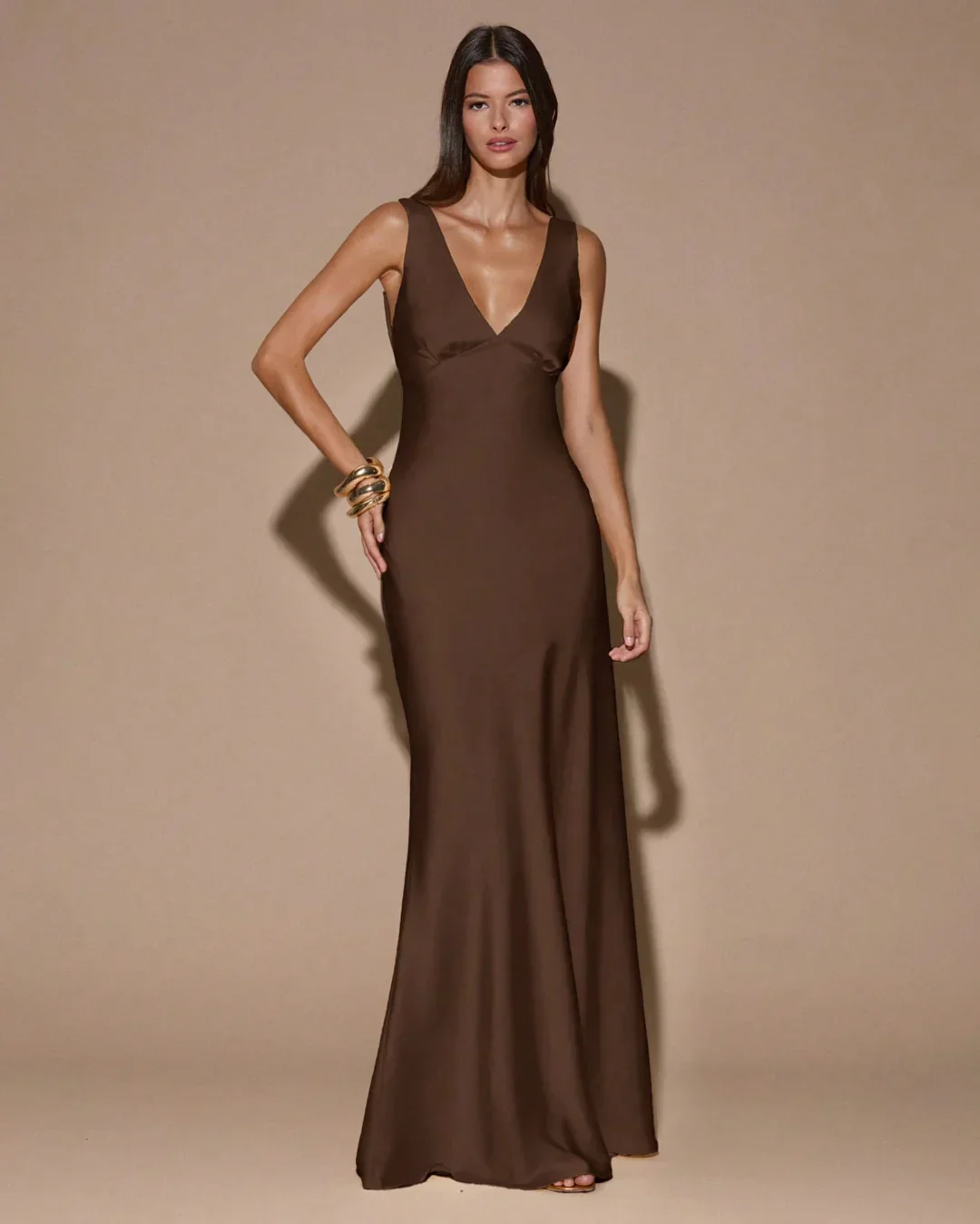 Deep V-Neck Sleeveless Backless Tie Maxi Dress in Brown - Image 3