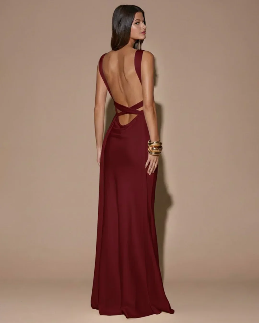 Deep V-Neck Sleeveless Backless Tie Maxi Dress in Red - Image 2