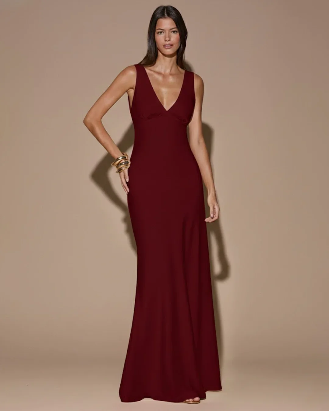 Deep V-Neck Sleeveless Backless Tie Maxi Dress in Red - Image 3