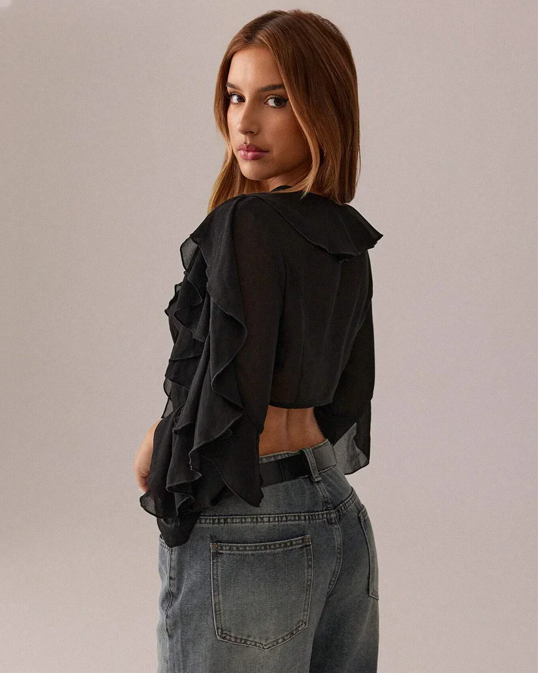 Deep V-Neck Slim-Fit Sheer Mesh Long Sleeve Crop Top in Black - Image 2