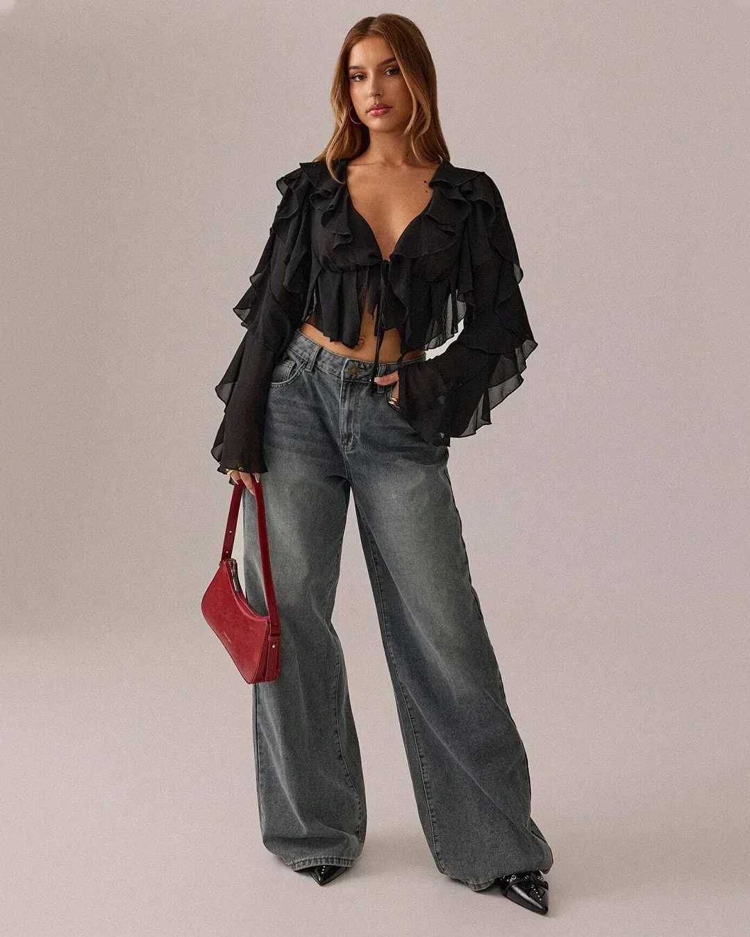 Deep V-Neck Slim-Fit Sheer Mesh Long Sleeve Crop Top in Black - Image 3