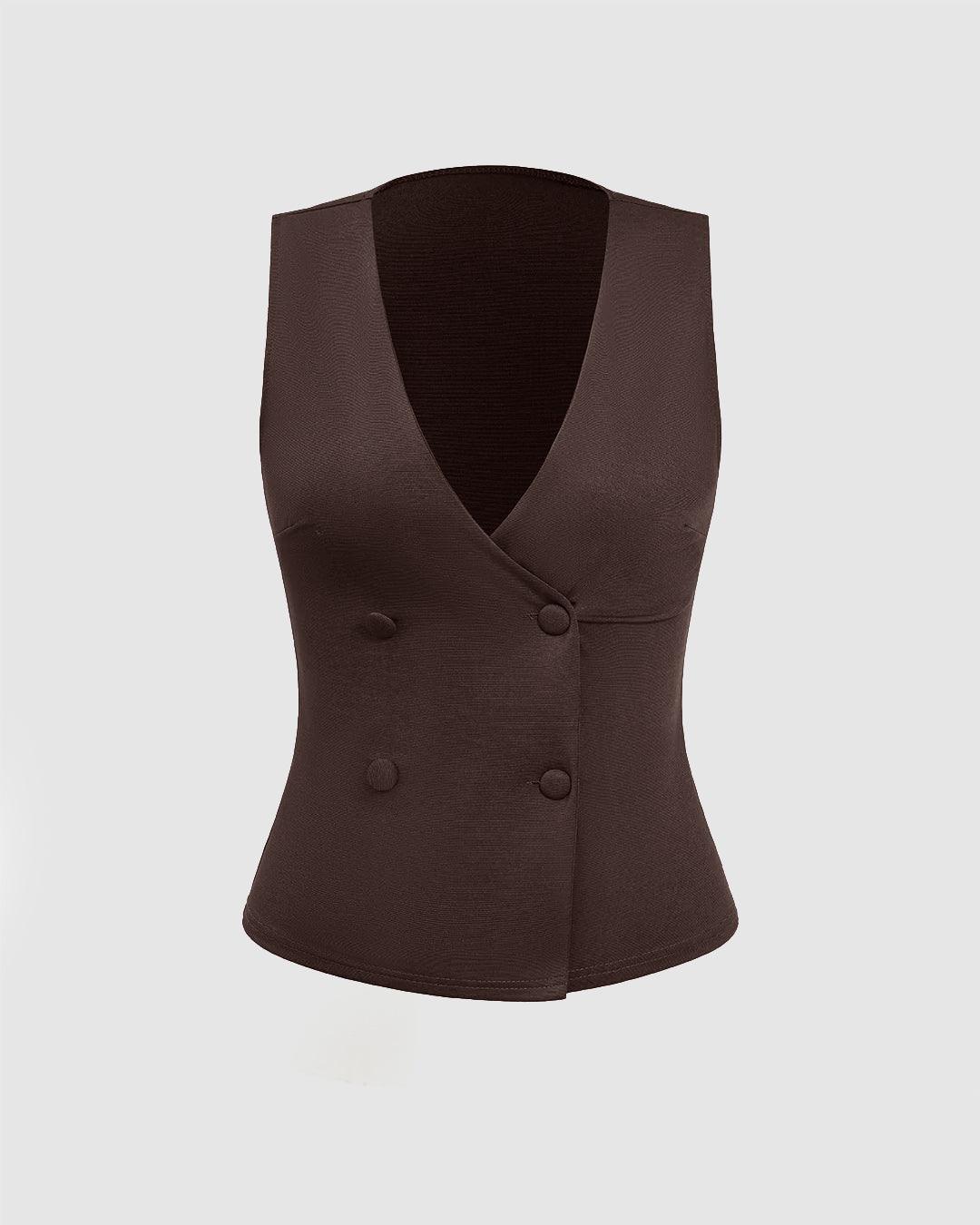 Double Breasted Sleeveless Vest and Pleated Skirt Set In Brown - Image 3