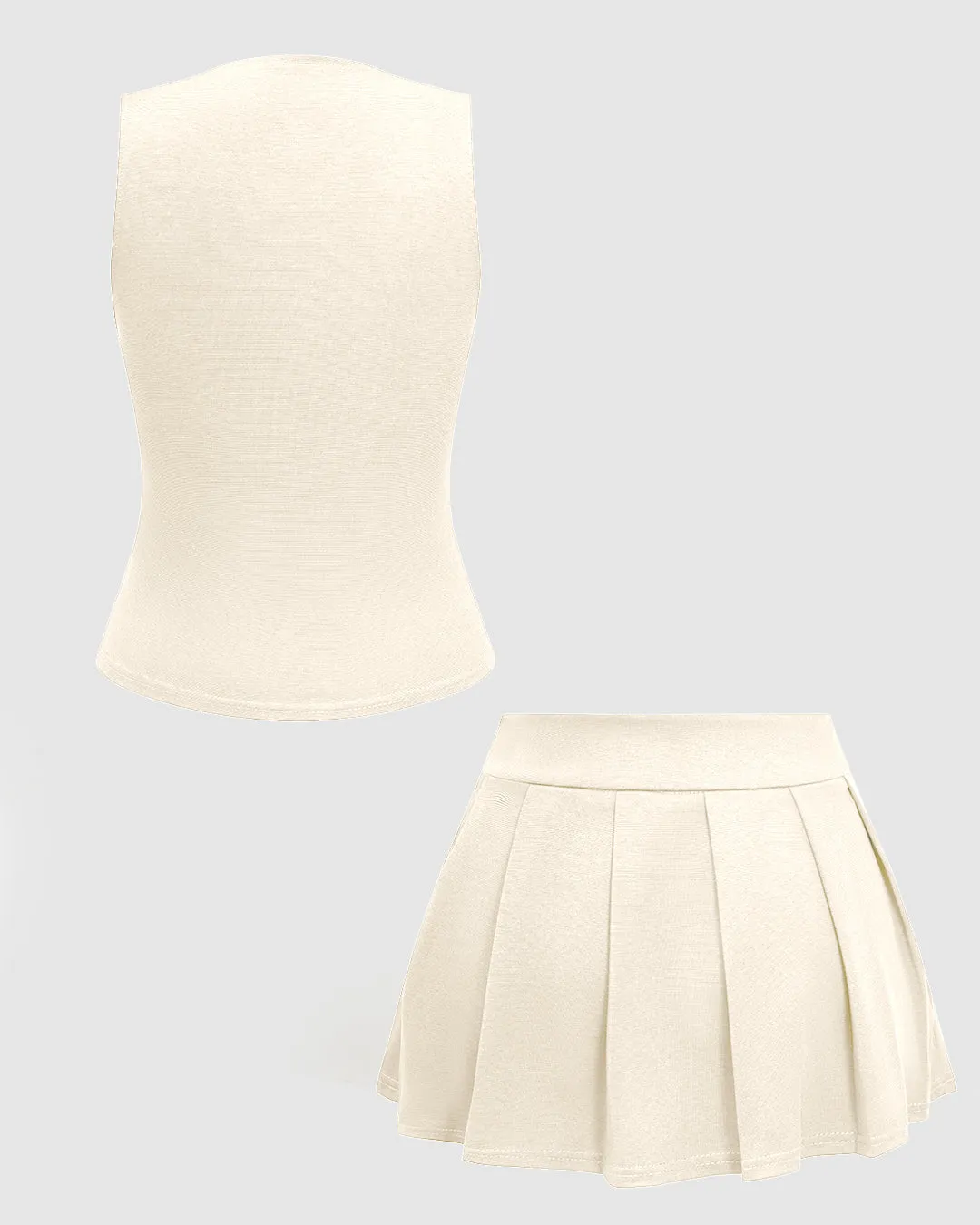 Double Breasted Sleeveless Vest and Pleated Skirt Set In Off-white - Image 2