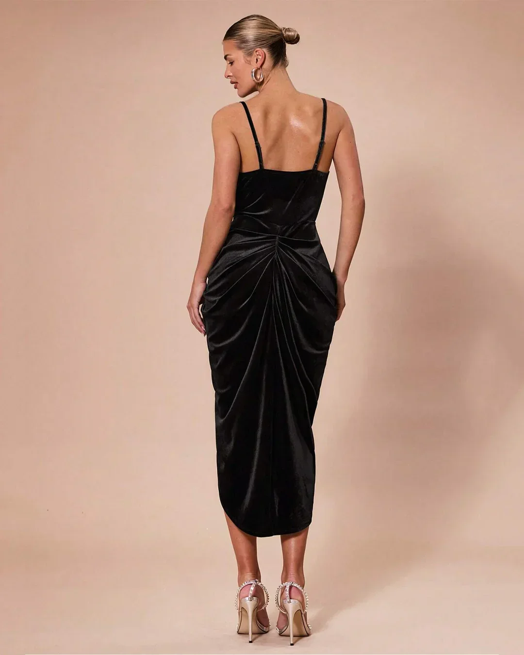 Draped Bodycon Cowl Neck Dress in Black - Image 2