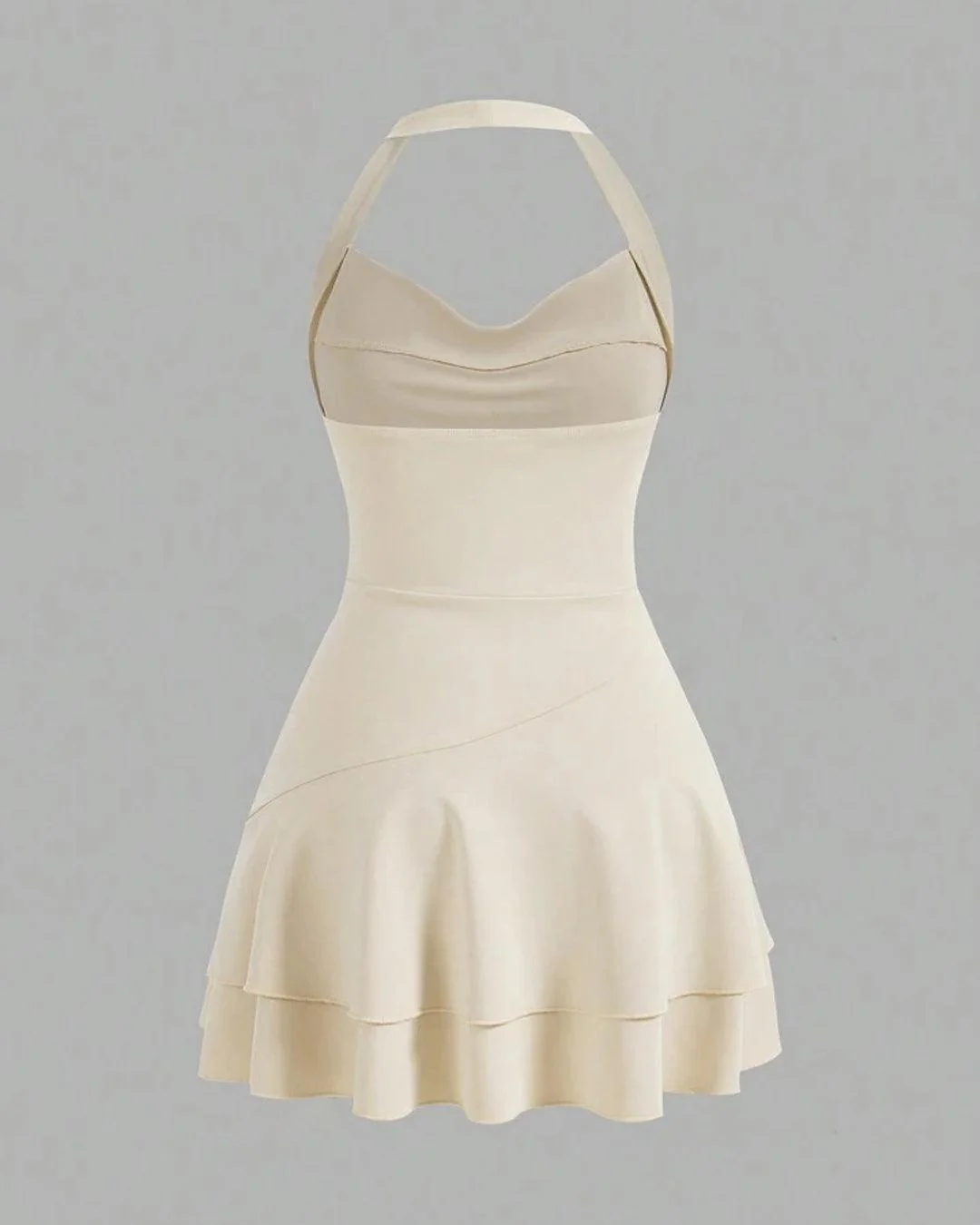 Draped Collar Double Layer Ruffle Halter Neck Ruched Dress In Apricot - Image 2