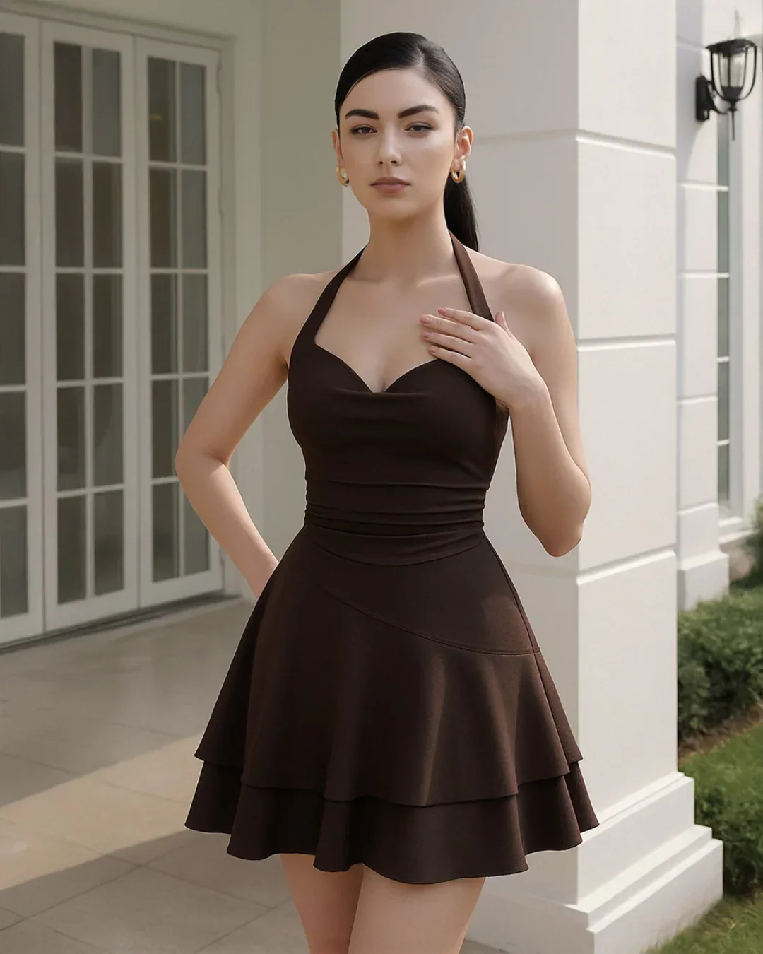 Draped Collar Ruffle Halter Neck Backless Dress Casual in Brown - Image 2