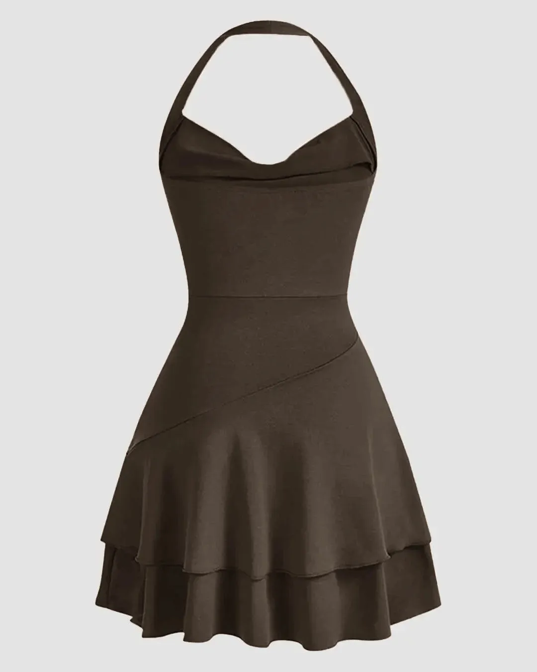 Draped Collar Ruffle Halter Neck Backless Dress Casual in Brown - Image 3