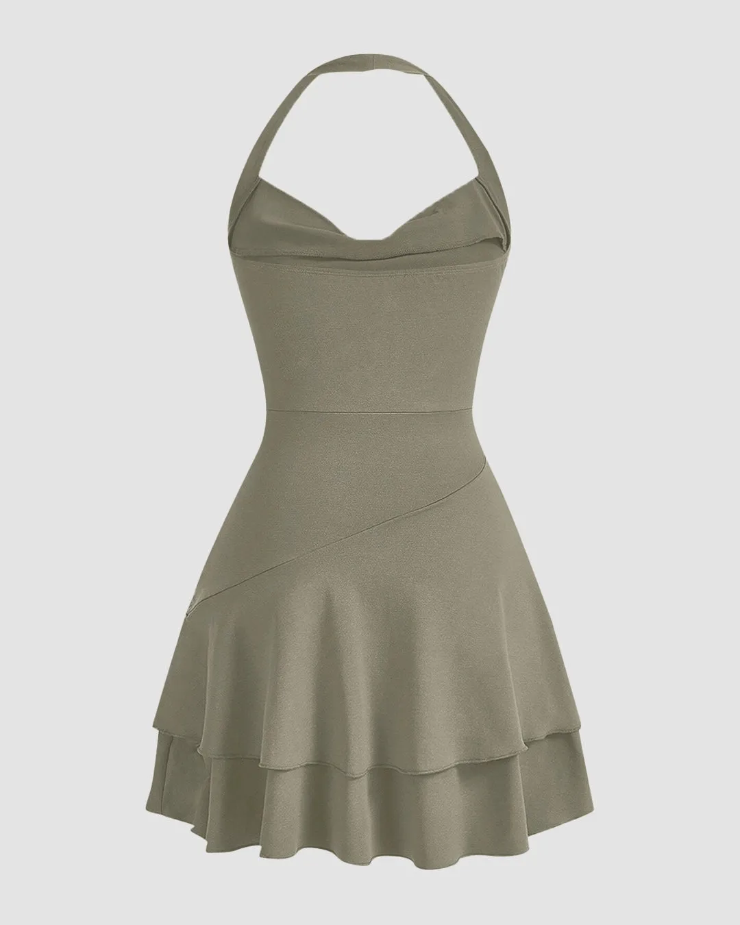 Draped Collar Double Layer Ruffle Halter Neck Ruched Dress In Olive Green - Image 2