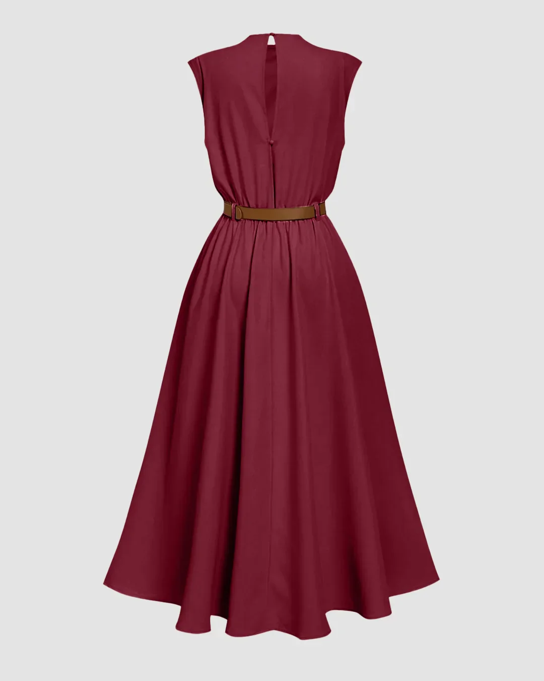 Draped Neck Belted A-Line Sleeveless Midi Dress in Burgundy - Image 2