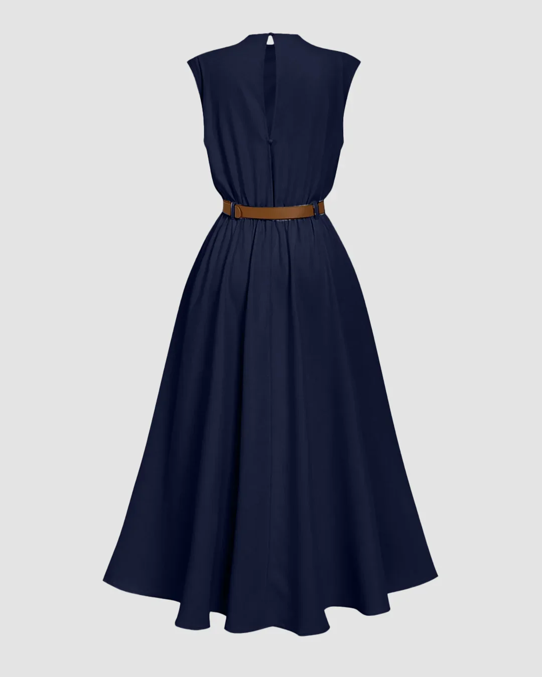 Draped Neck Belted A-Line Sleeveless Midi Dress in Navy Blue - Image 2