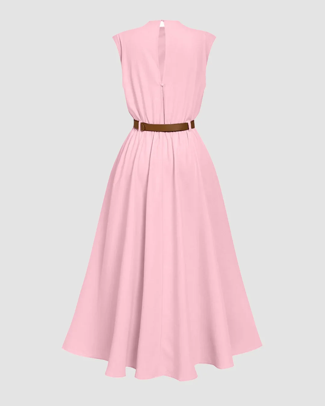 Draped Neck Belted A-Line Sleeveless Midi Dress in Rose Pink Without Belt - Image 2