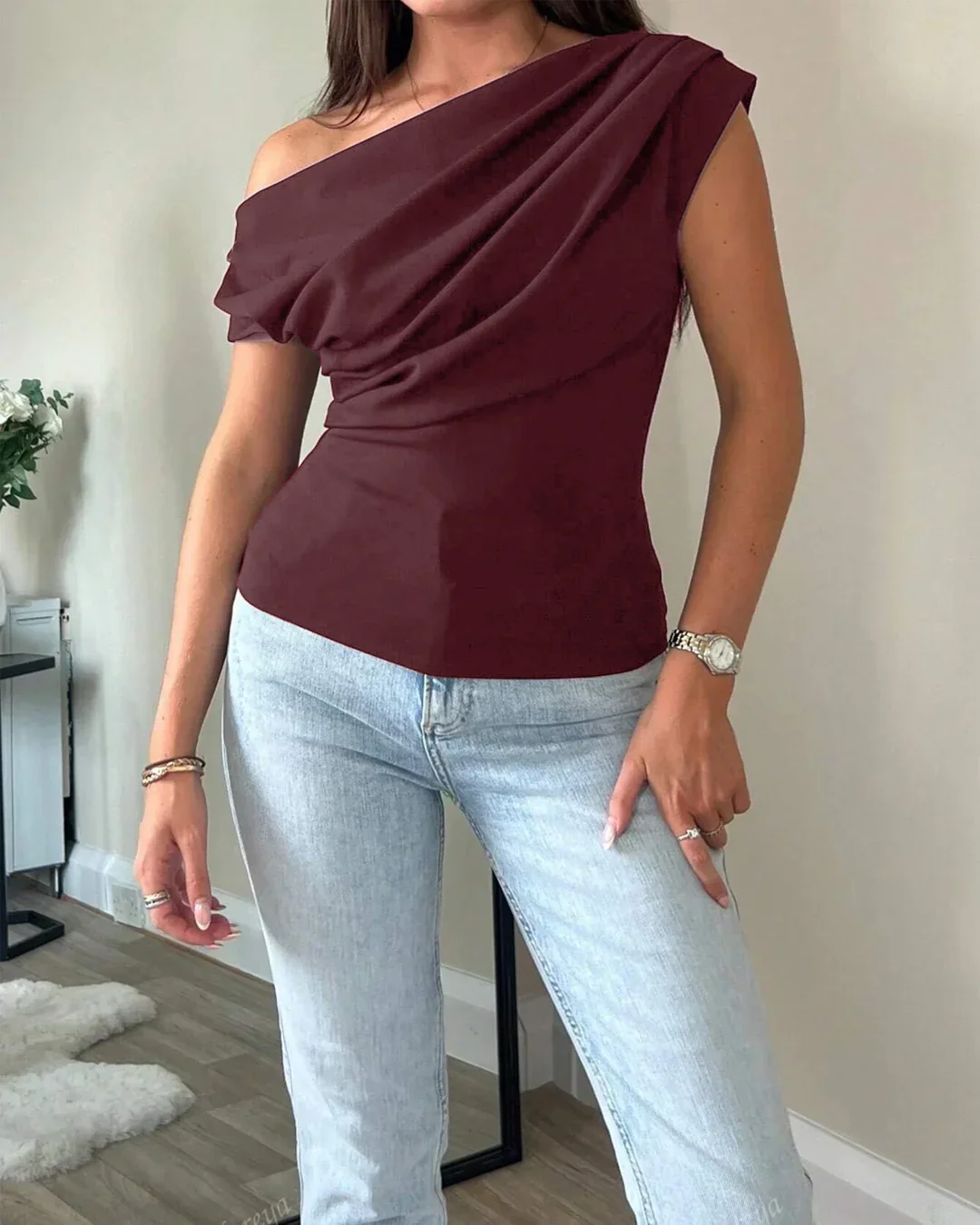 Draped One Shoulder Asymmetrical Top in Maroon - Image 3