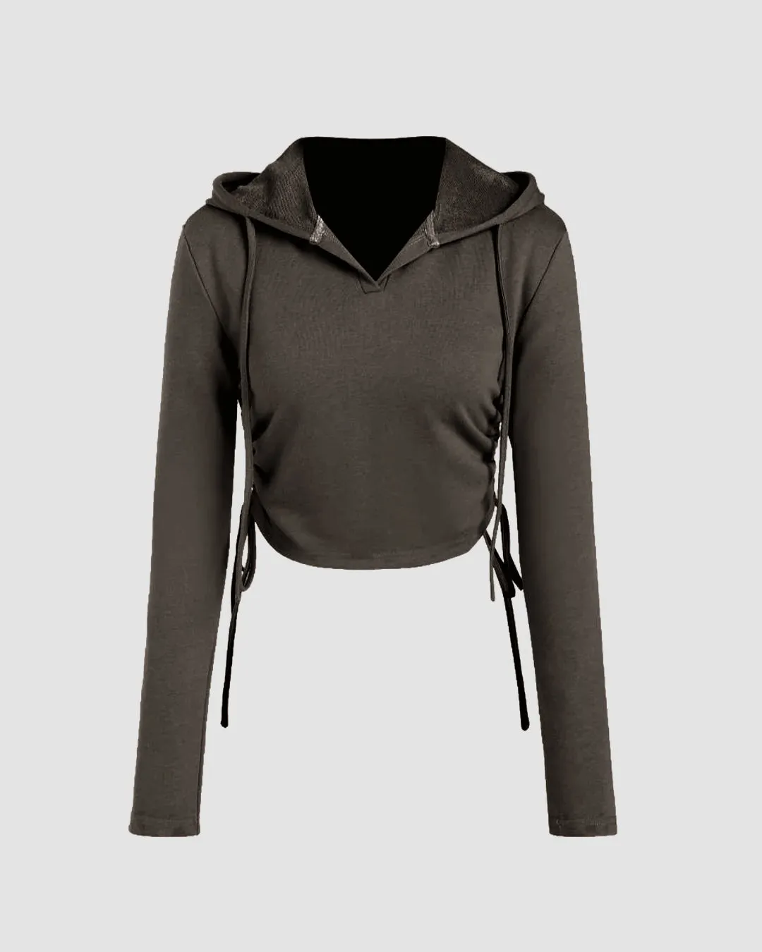 Drawstring Hooded Long Sleeve Top In Olive Green - Image 2