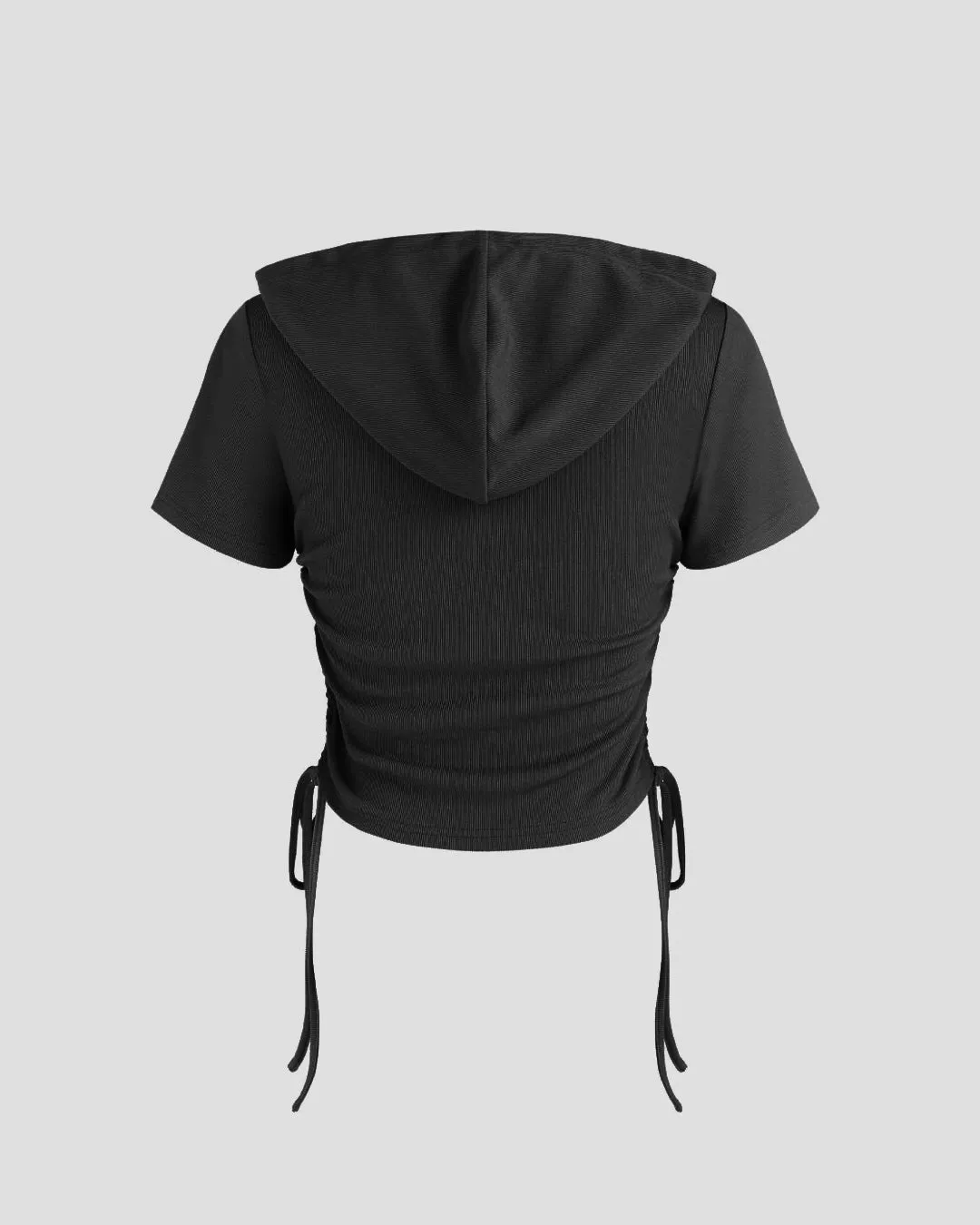 Drawstring Hooded Short SleeveTop In Black - Image 2