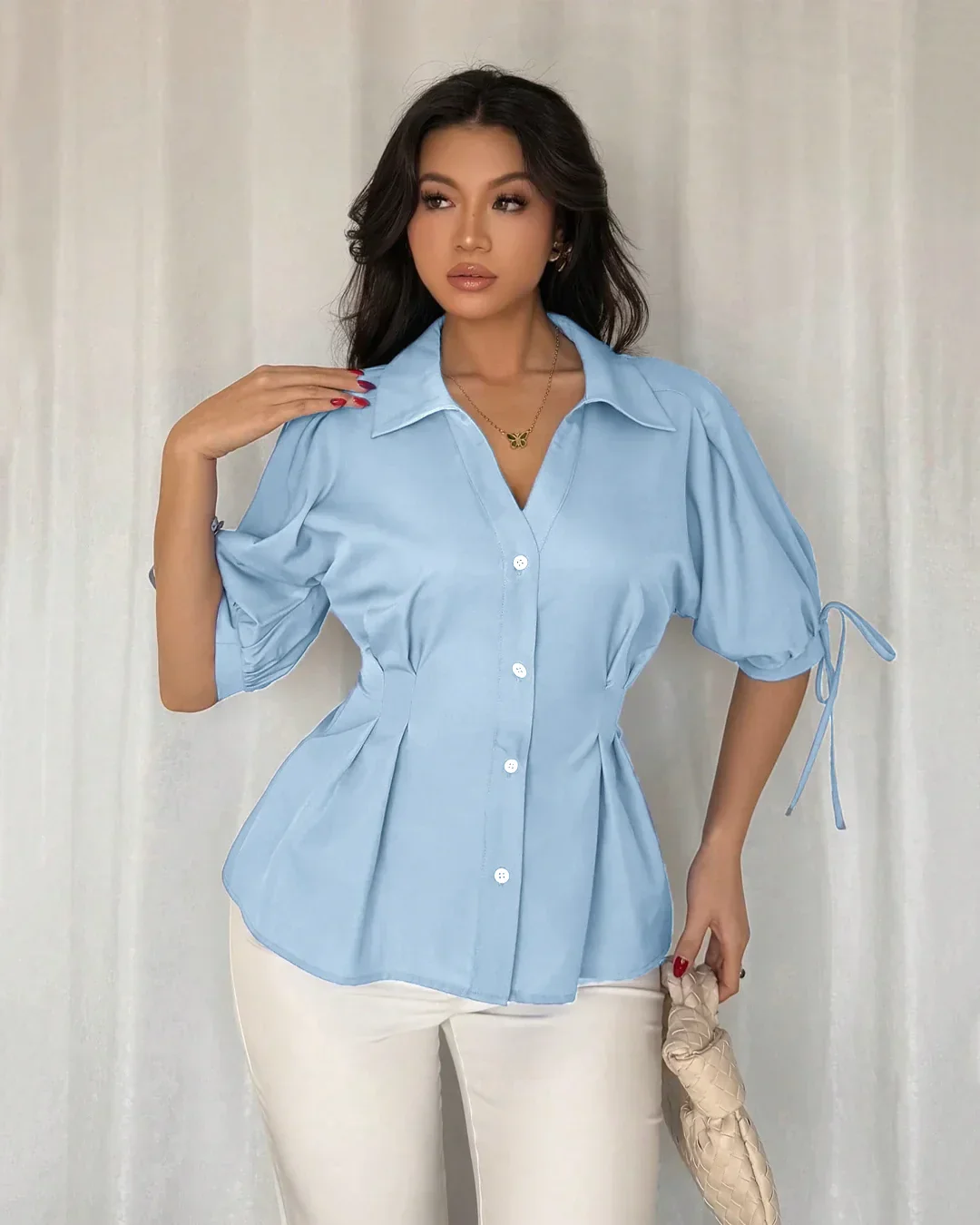 Drawstring Puff Sleeve Button Down Peplum Top in Light Blue - Image 2