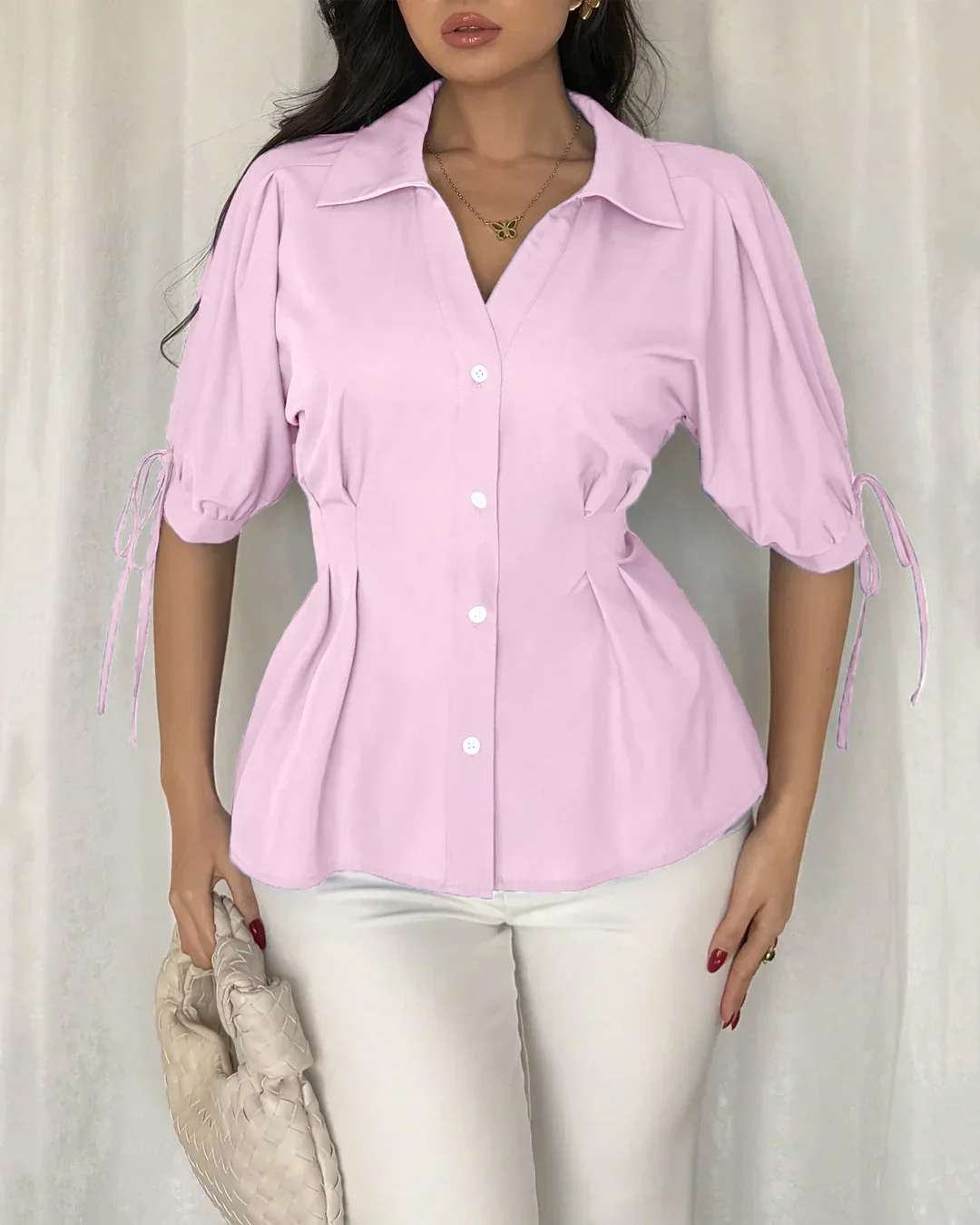 Drawstring Puff Sleeve Button Down Peplum Top in Pink - Image 2