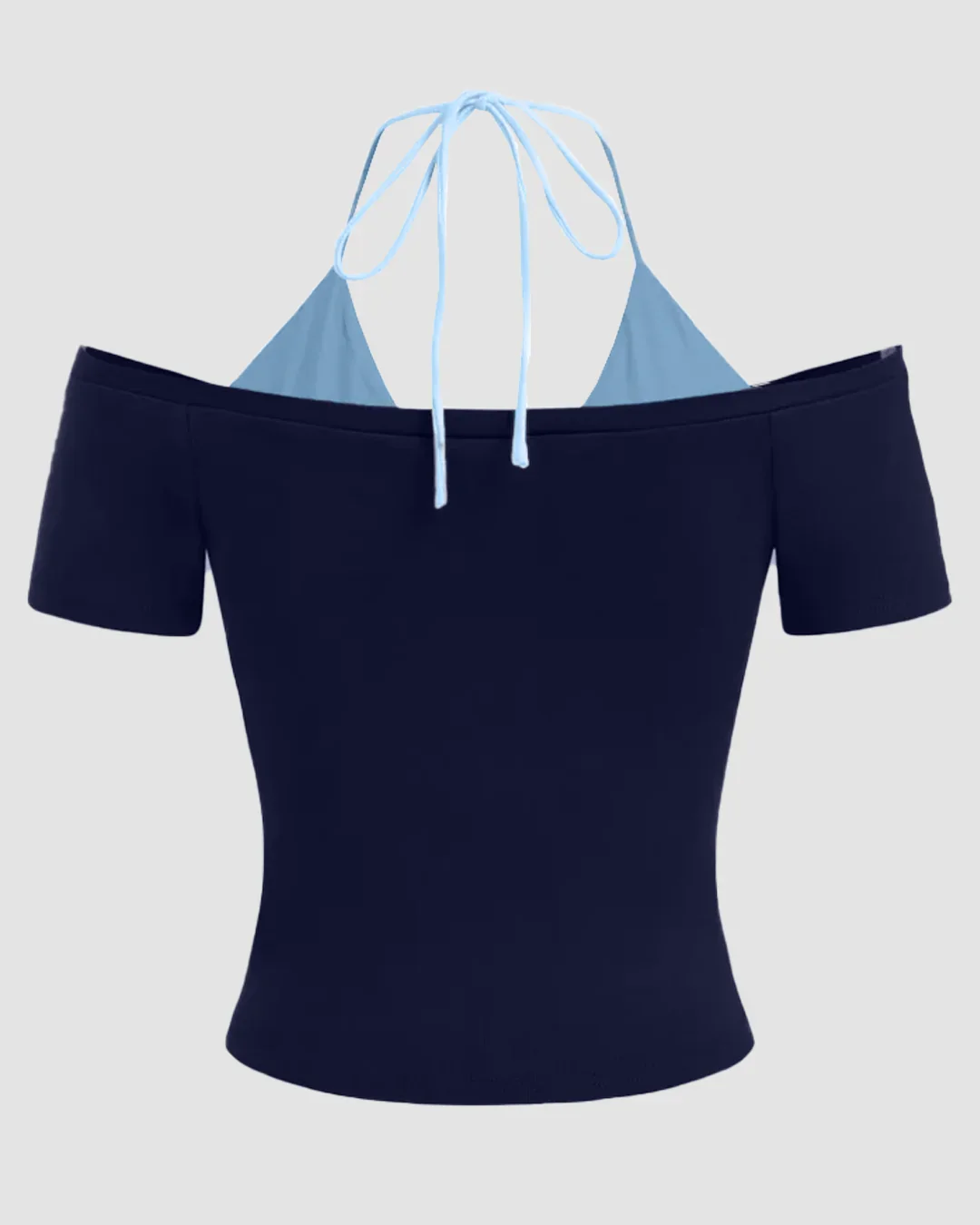 Dual Strap Off Shoulder Halter Neck Top in Powder Blue and Navy Blue - Image 2