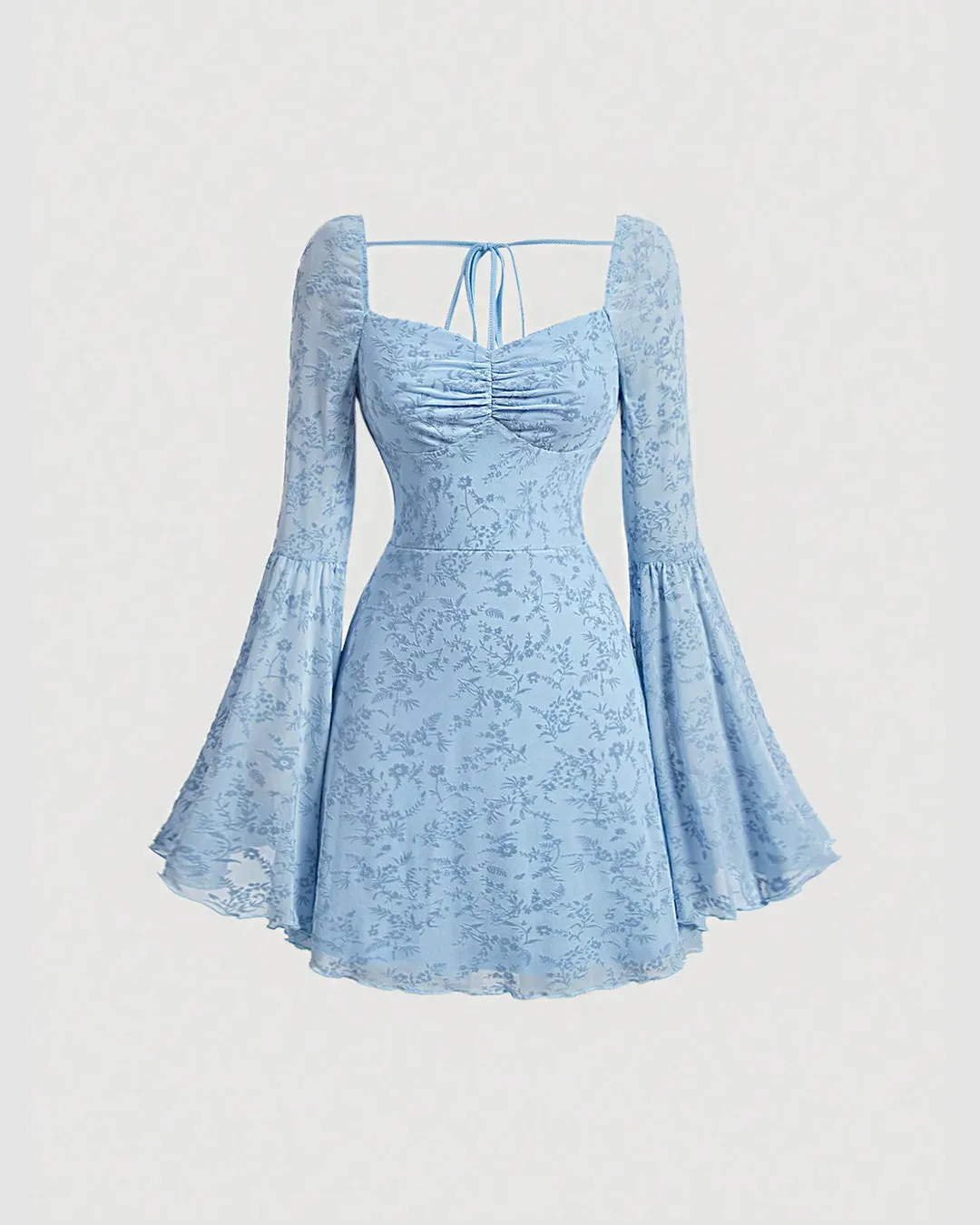 Dusty Blue Lace Flare Sleeve Mini Dress with Ruched Front