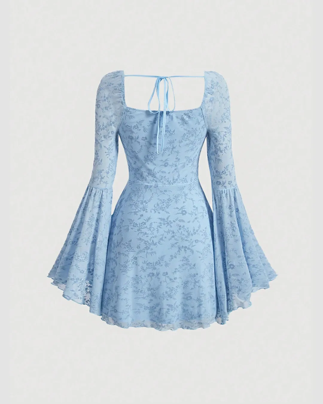 Dusty Blue Lace Flare Sleeve Mini Dress with Ruched Front - Image 3