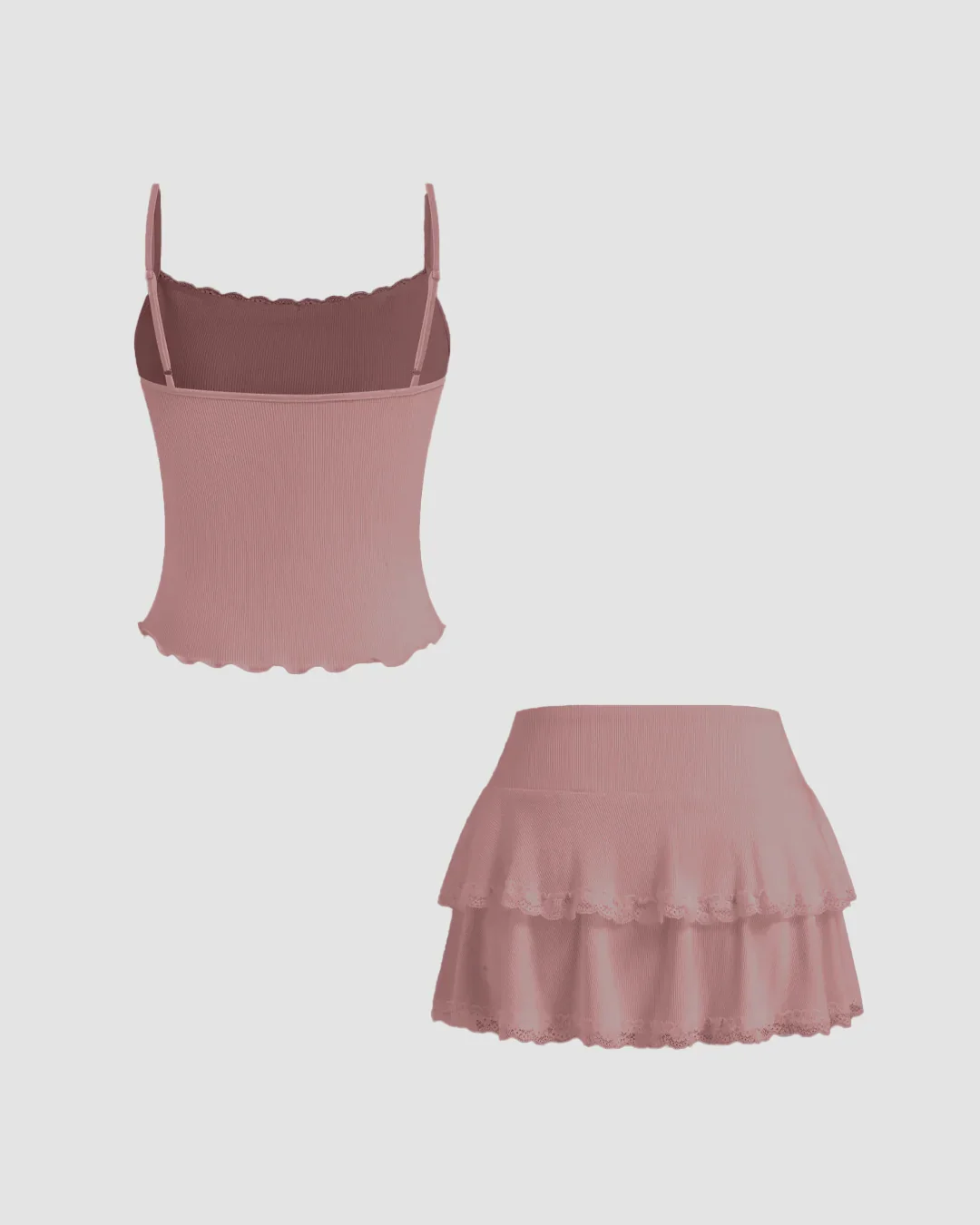 Dusty Pink Lace Trim Cami Top & Tiered Mini Skirt Co-Ord Set - Image 2