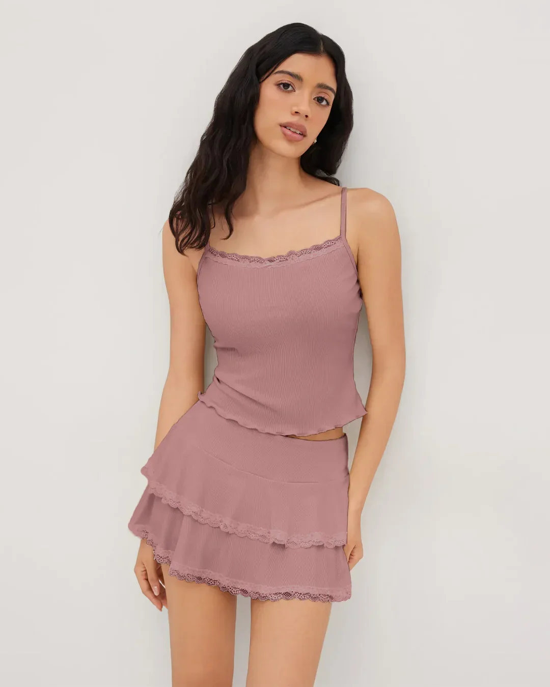 Dusty Pink Lace Trim Cami Top & Tiered Mini Skirt Co-Ord Set - Image 3