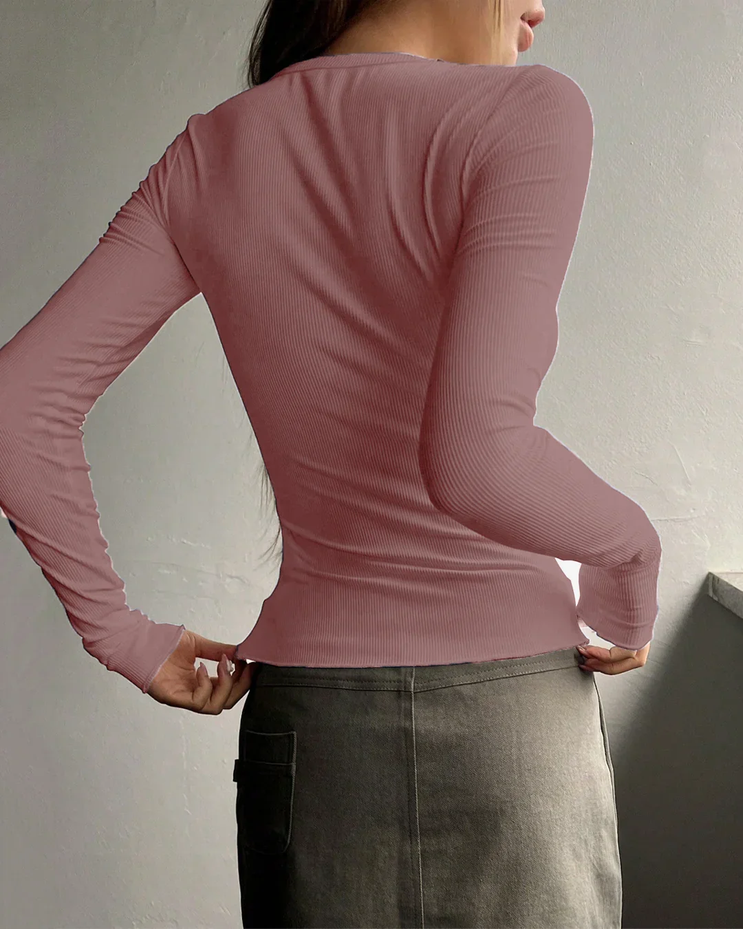 Dusty Pink Ribbed Long Sleeve Henley Top - Image 3
