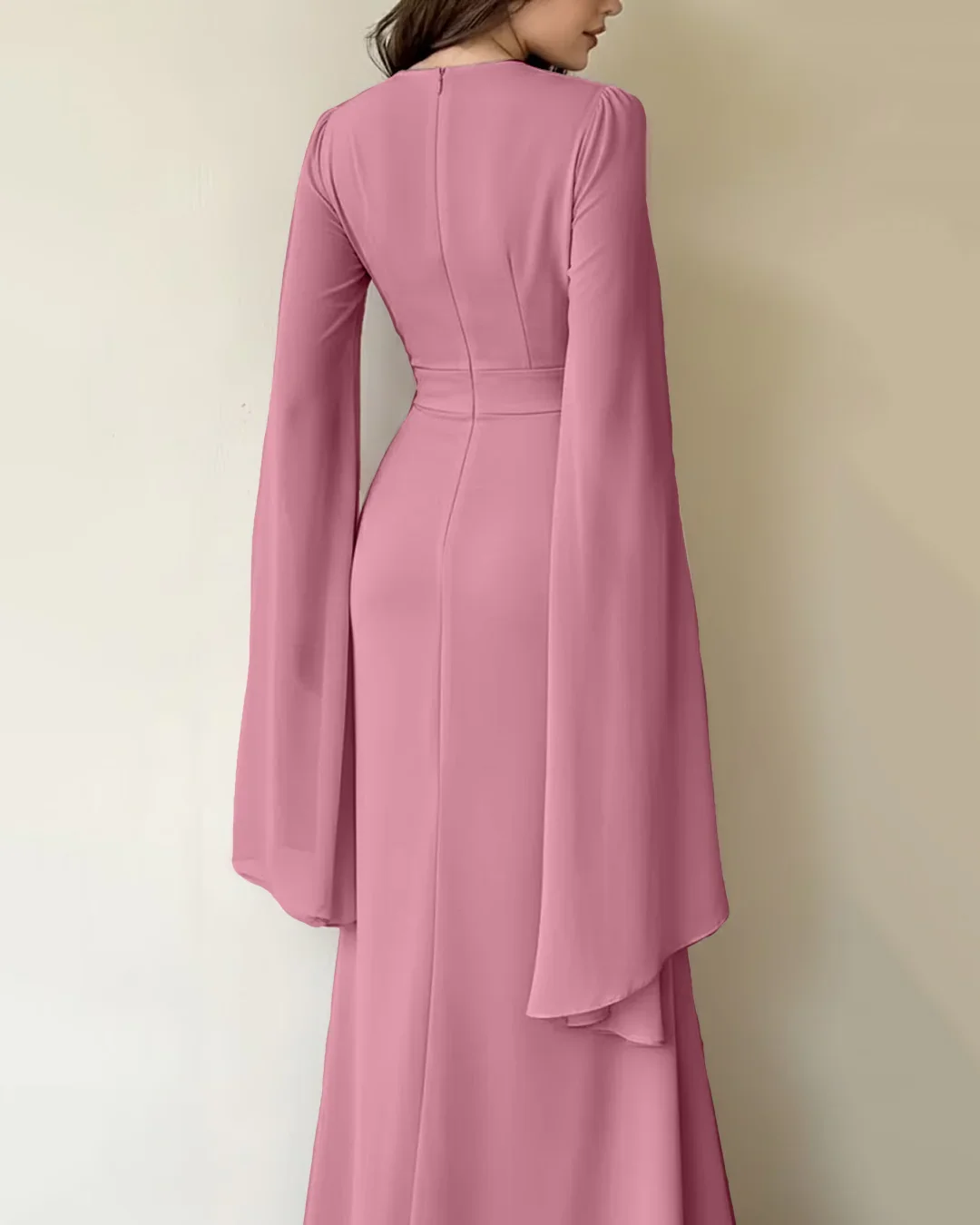 Elegant A-Line Maxi Dress with Slit Sleeves in Dusty Pink - Image 2