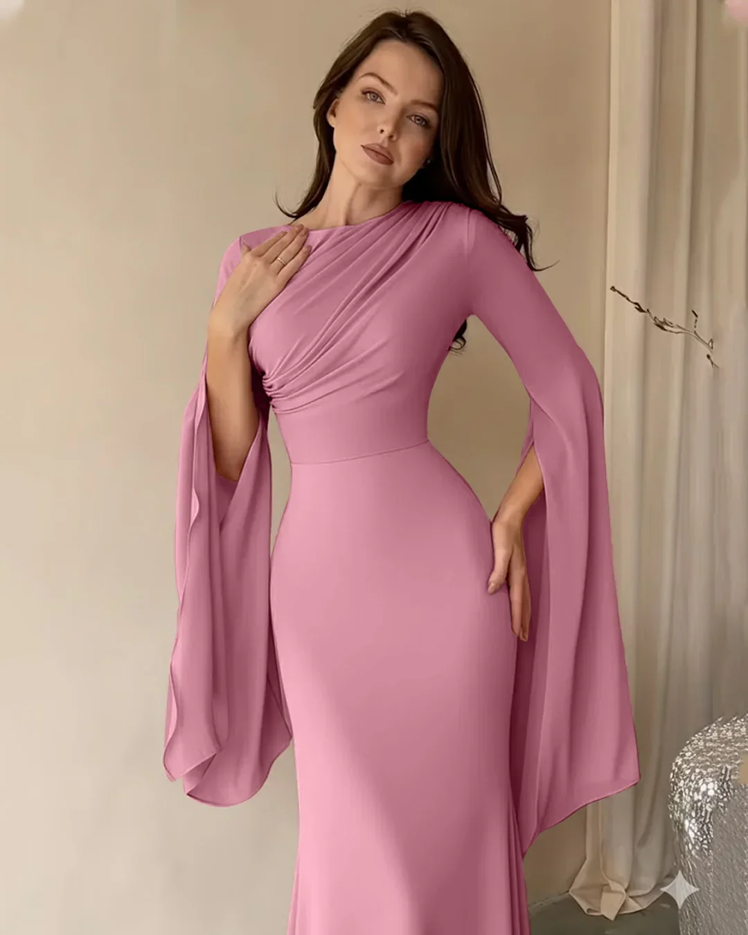Elegant A-Line Maxi Dress with Slit Sleeves in Dusty Pink - Image 3