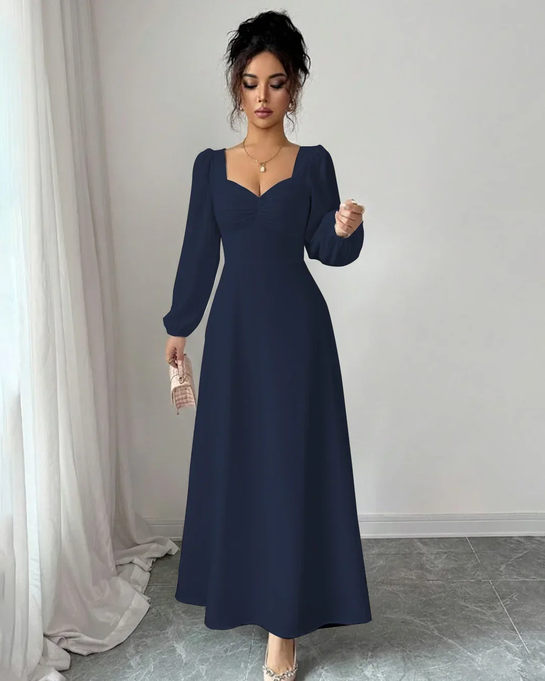 Elegant Puff Sleeve Square Neck A-Line Maxi Dress in Navy Blue - Image 2