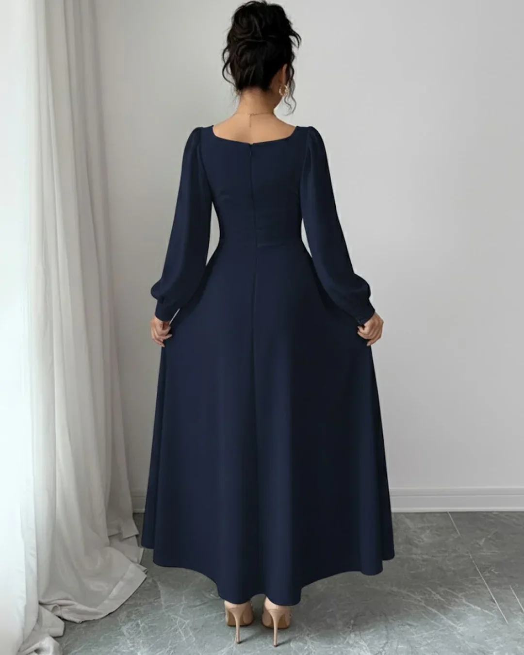 Elegant Puff Sleeve Square Neck A-Line Maxi Dress in Navy Blue - Image 3