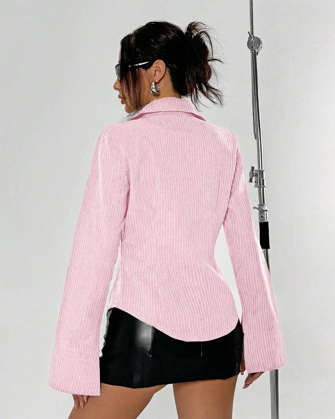 Collared V Neck Striped Full Sleeve Shirt in Pink and White - Image 4