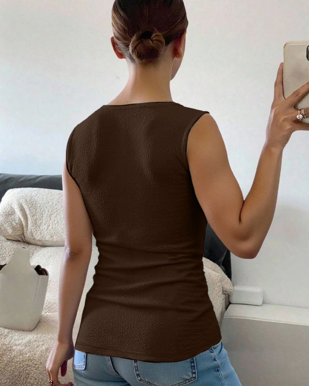 Fitted Cap Sleeve Textured Tank Top in Coffee - Image 2