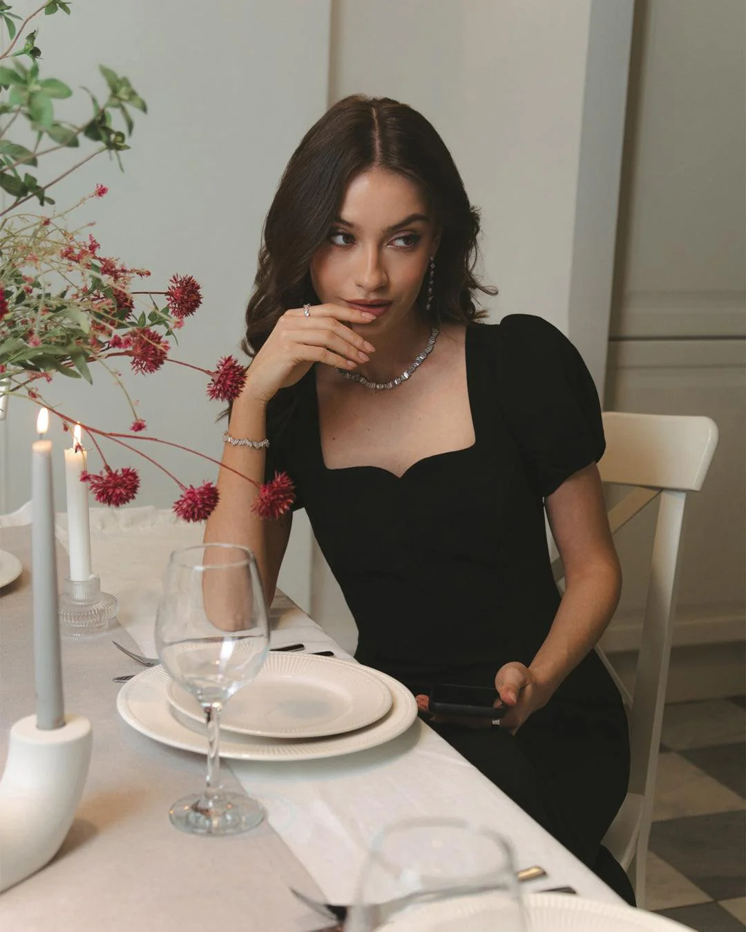 Black Midi Dress With Fitted Puff Sleeves - Image 2
