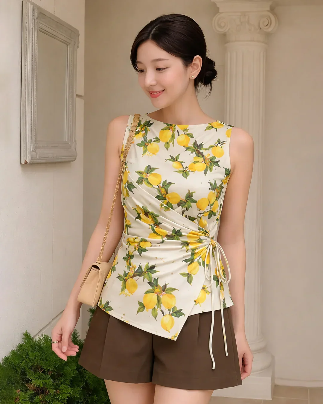 Floral Asymmetrical Ruched Side Tie Sleeveless Top in Yellow