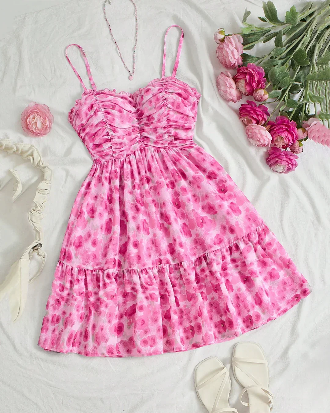 Floral Mesh Fit & Flare Dress in Pink Rose Print - Image 4