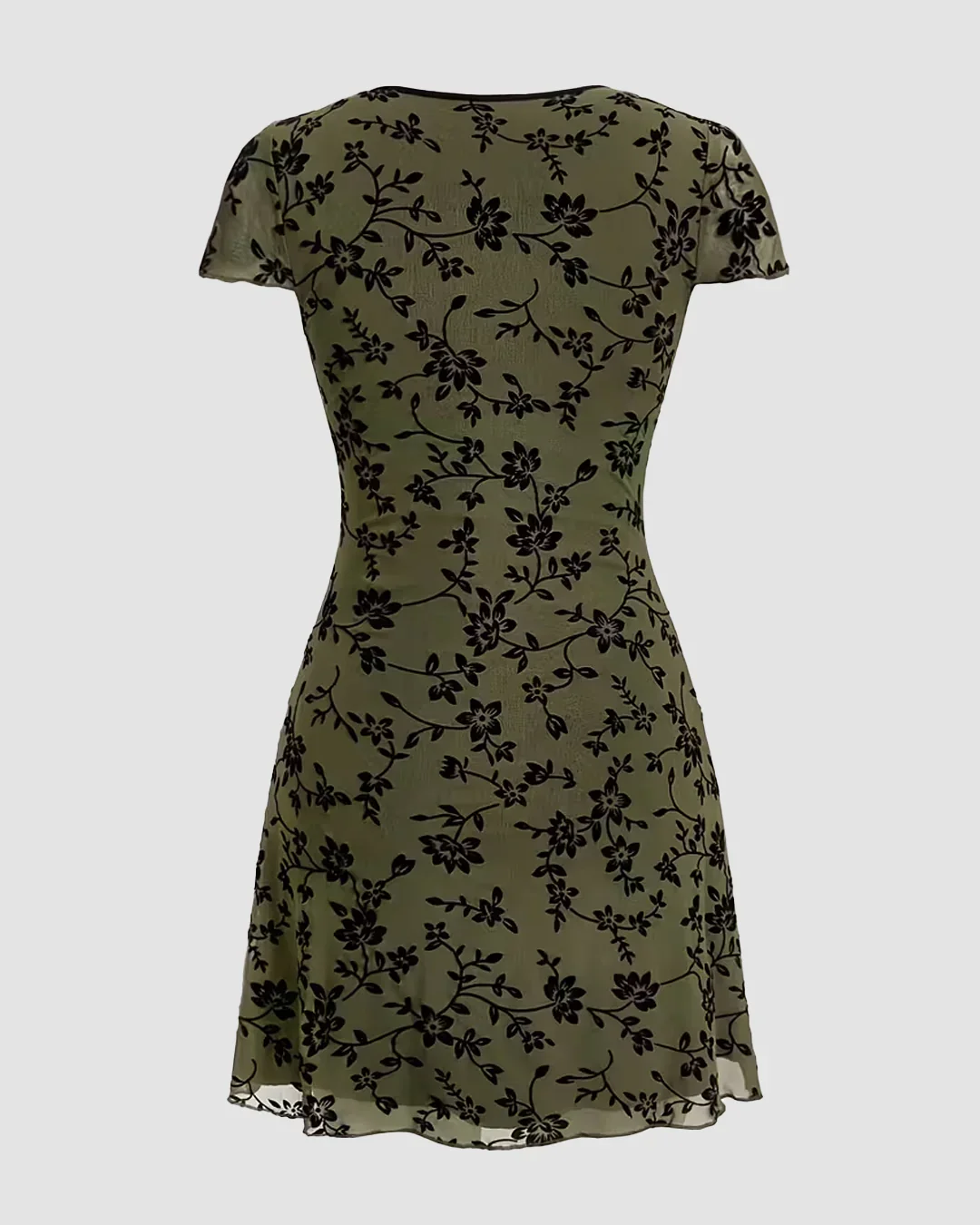Floral Mesh V-Neck Short Sleeve A-Line Mini Dress in Green - Image 2