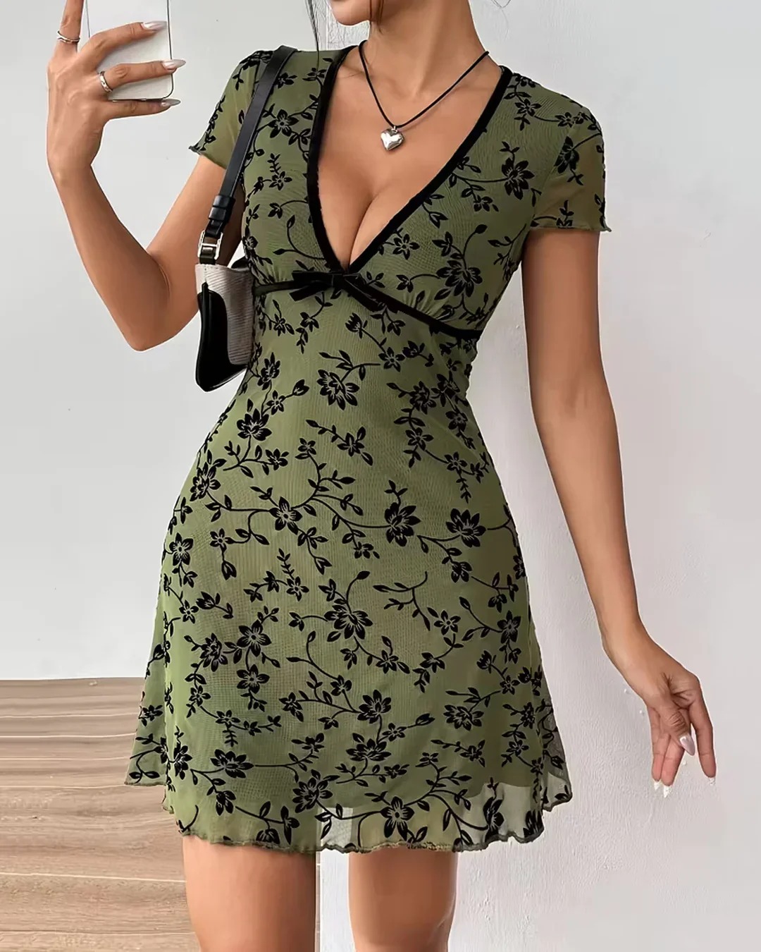 Floral Mesh V-Neck Short Sleeve A-Line Mini Dress in Green - Image 3