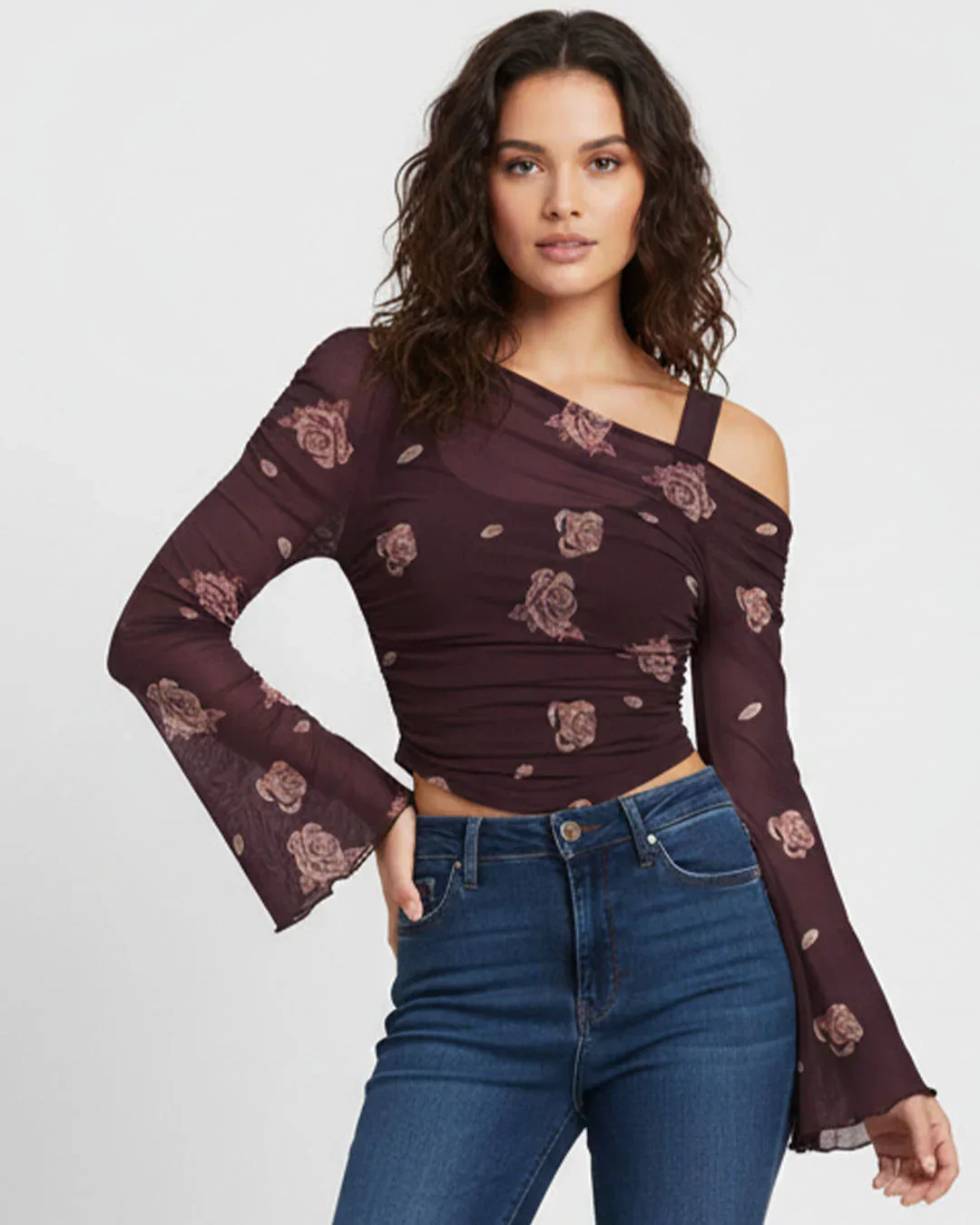 Casual One Shoulder Slim Fit Floral Print Top in Purple