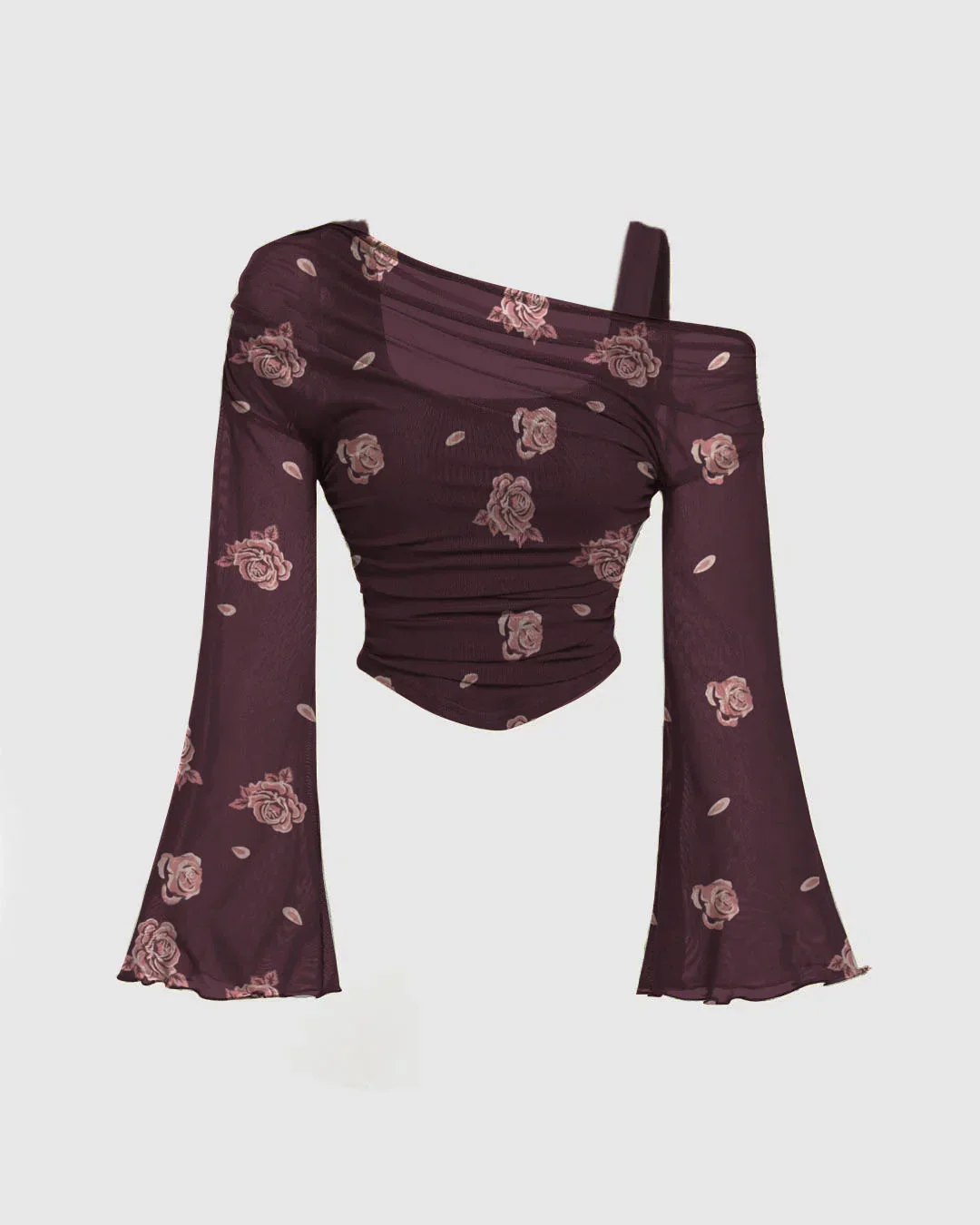 Casual One Shoulder Slim Fit Floral Print Top in Purple - Image 2