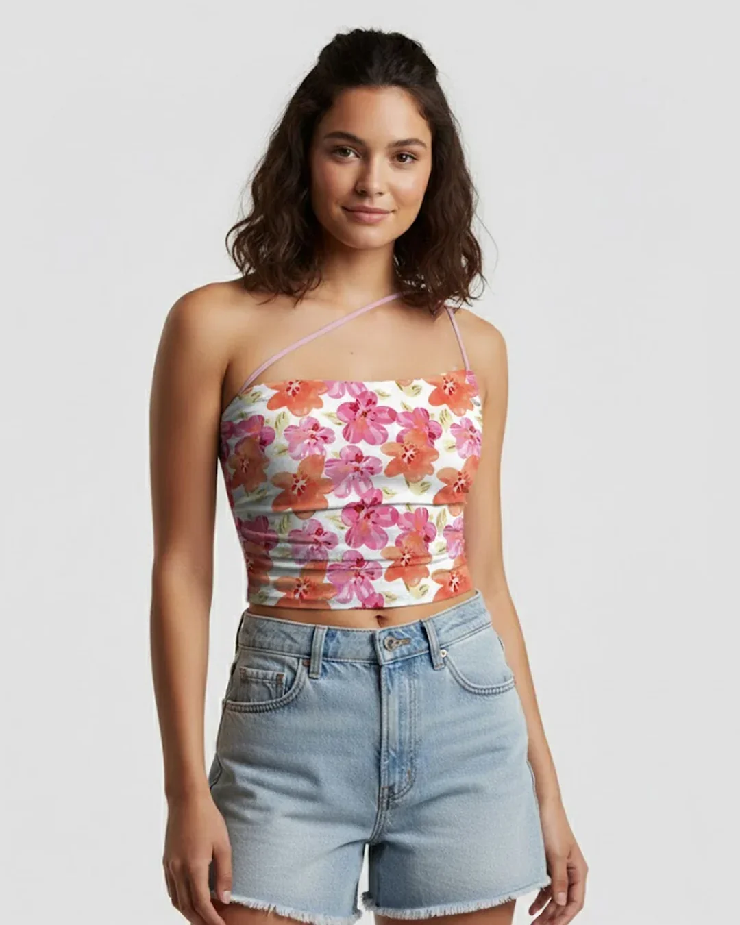 Floral Print Asymmetrical Spaghetti Strap Ruched Crop Top - Image 3