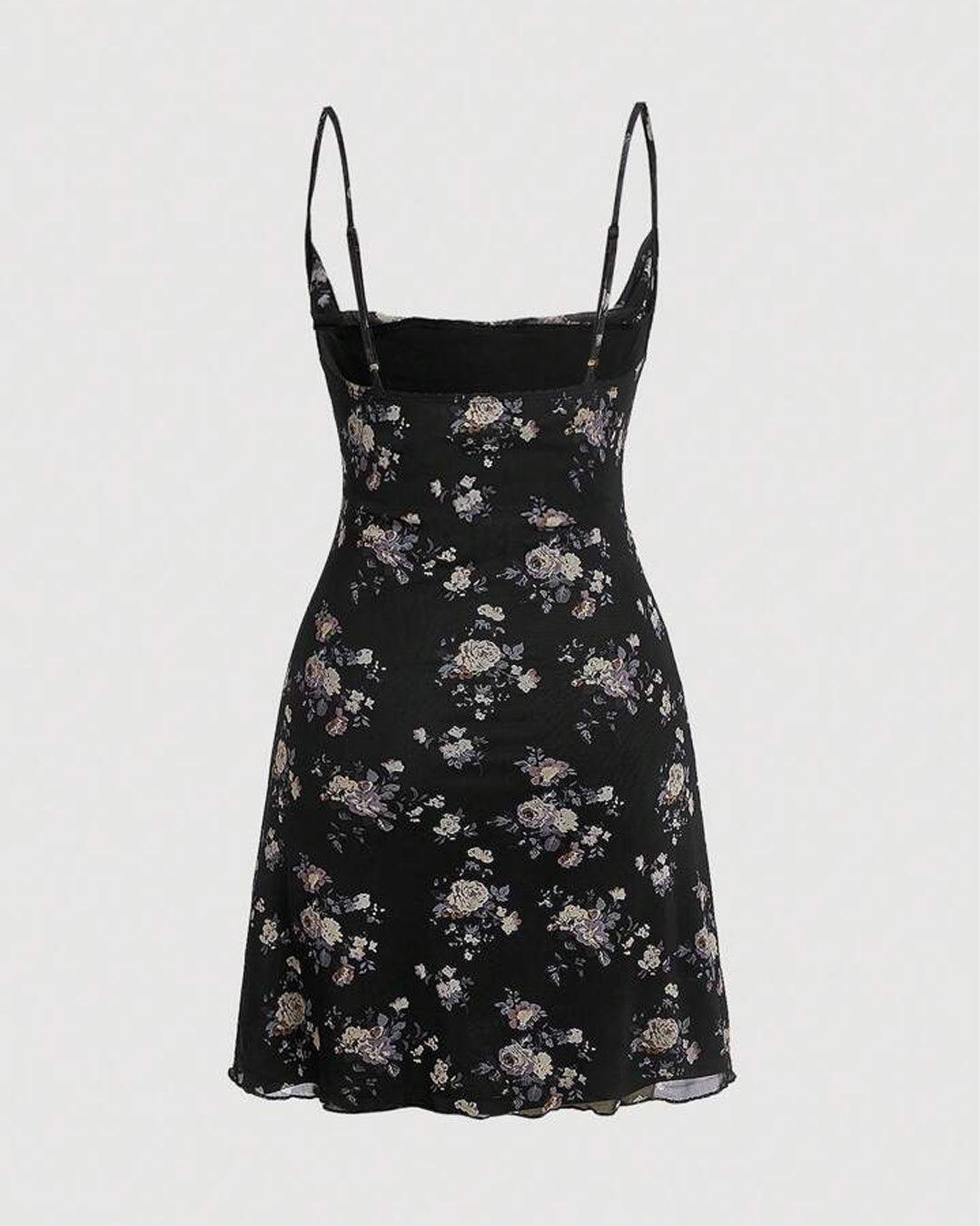 Floral Print Cami Black Swing Collar Mesh Print Dress - Image 3